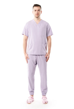 Męski scrubs, medical wear, odzież medyczna liliowy, fiolet sylwetka